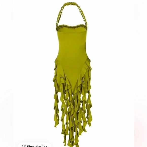 Ruffled Asymmetrical Olive Green Dress - Picture 1 of 2